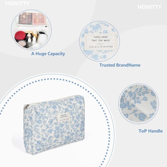 Makeup Pouch,Quilted Cosmetic Bags,Large Floral Make Up Organizer for Women - Picture 3 of 6